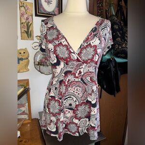 LOFT Red, Black & White V-Neck Wrap-Style Blouse